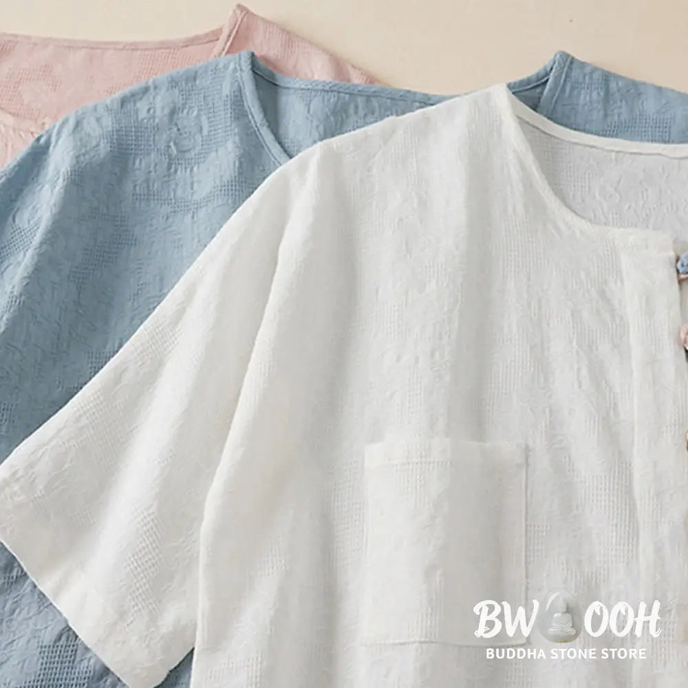 Buddha Stones Casual Flower Colorful Frog Button Half Sleeve Cotton Linen Women’s Shirt - Women’s Shirts