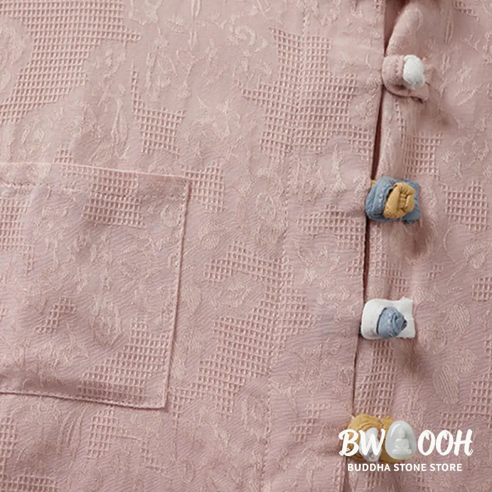 Buddha Stones Casual Flower Colorful Frog Button Half Sleeve Cotton Linen Women’s Shirt - Women’s Shirts