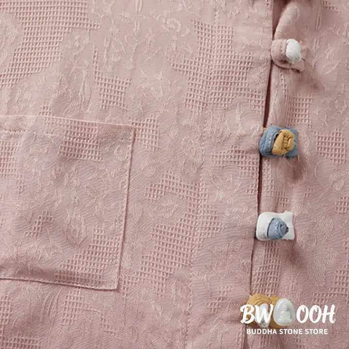 Buddha Stones Casual Flower Colorful Frog Button Half Sleeve Cotton Linen Women’s Shirt - Women’s Shirts