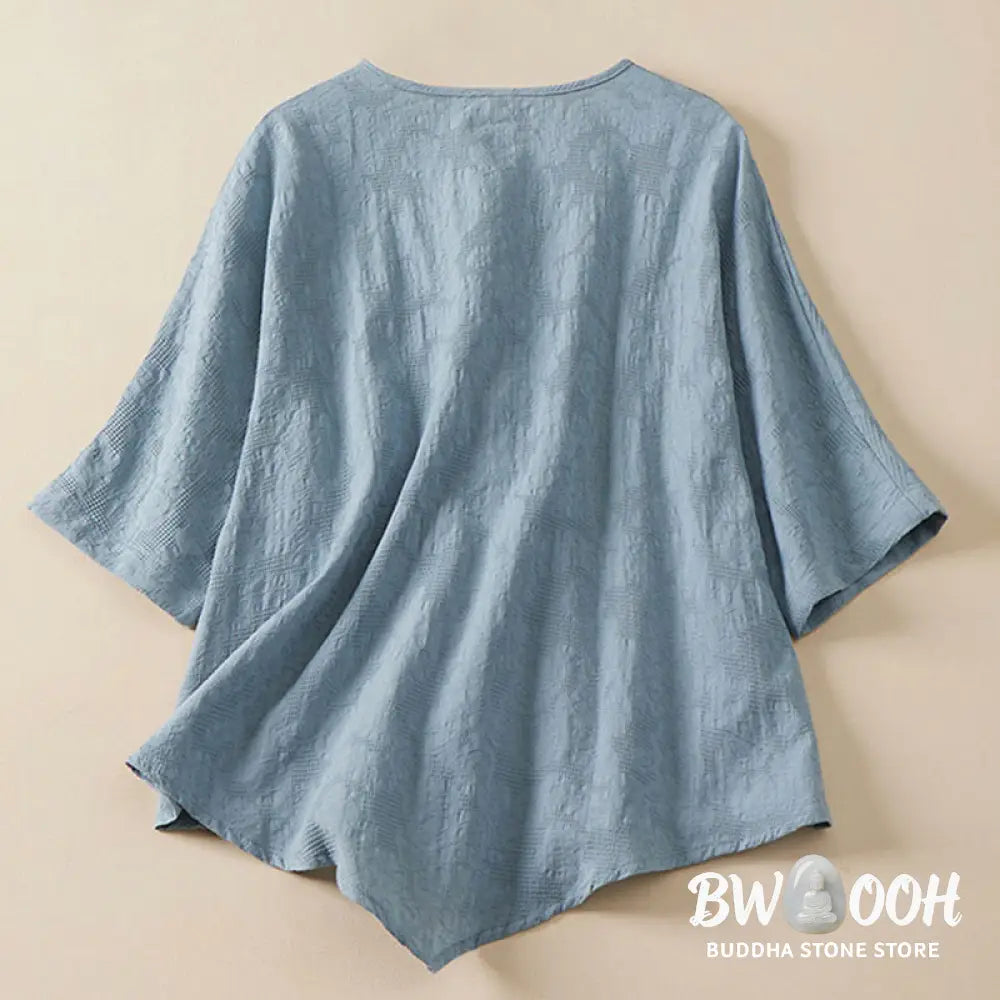 Buddha Stones Casual Flower Colorful Frog Button Half Sleeve Cotton Linen Women’s Shirt - Women’s Shirts