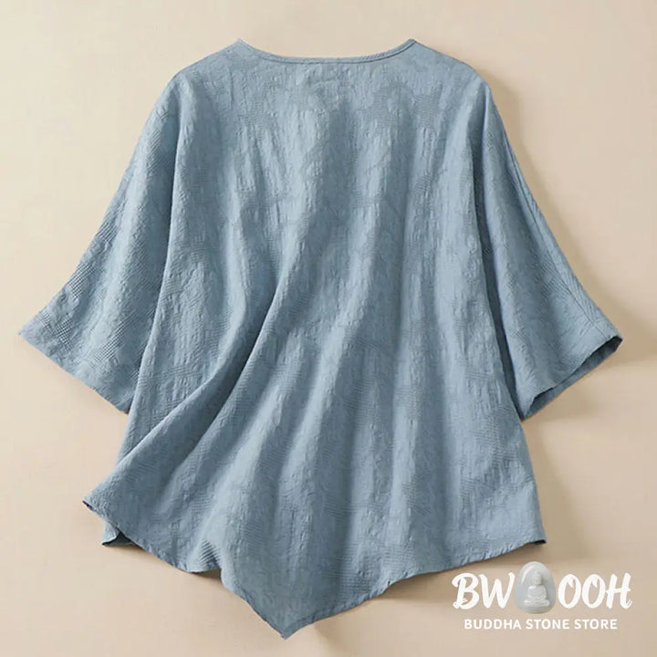 Buddha Stones Casual Flower Colorful Frog Button Half Sleeve Cotton Linen Women’s Shirt - Women’s Shirts