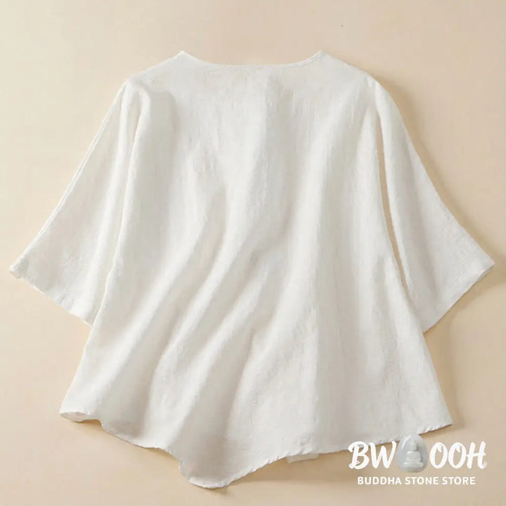 Buddha Stones Casual Flower Colorful Frog Button Half Sleeve Cotton Linen Women’s Shirt - Women’s Shirts