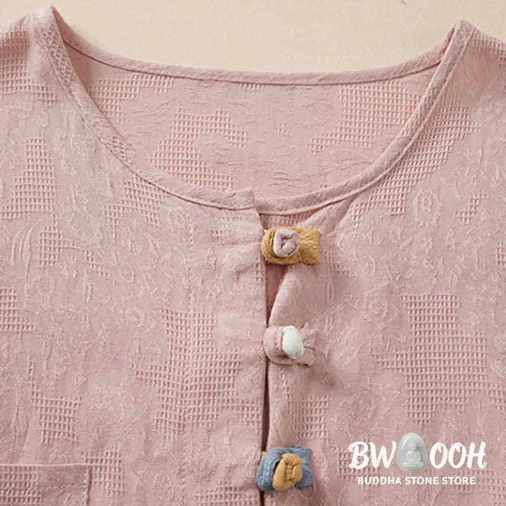 Buddha Stones Casual Flower Colorful Frog Button Half Sleeve Cotton Linen Women’s Shirt - Women’s Shirts