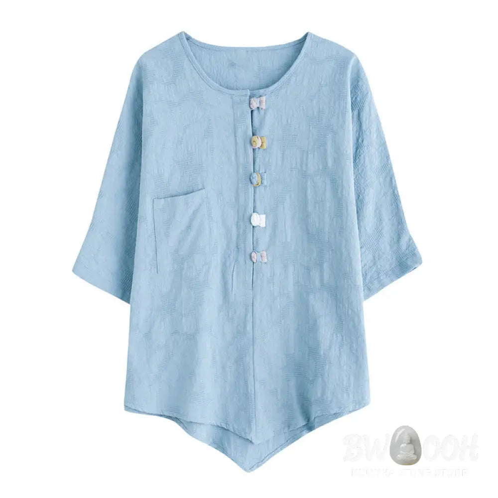 Buddha Stones Casual Flower Colorful Frog Button Half Sleeve Cotton Linen Women’s Shirt - Women’s Shirts