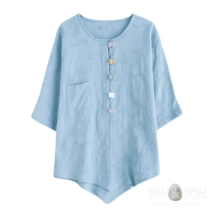 Buddha Stones Casual Flower Colorful Frog Button Half Sleeve Cotton Linen Women’s Shirt - Women’s Shirts