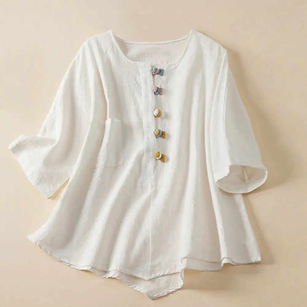 Buddha Stones Casual Flower Colorful Frog Button Half Sleeve Cotton Linen Women’s Shirt - White / US4，UK/AU8，EU36 (L)