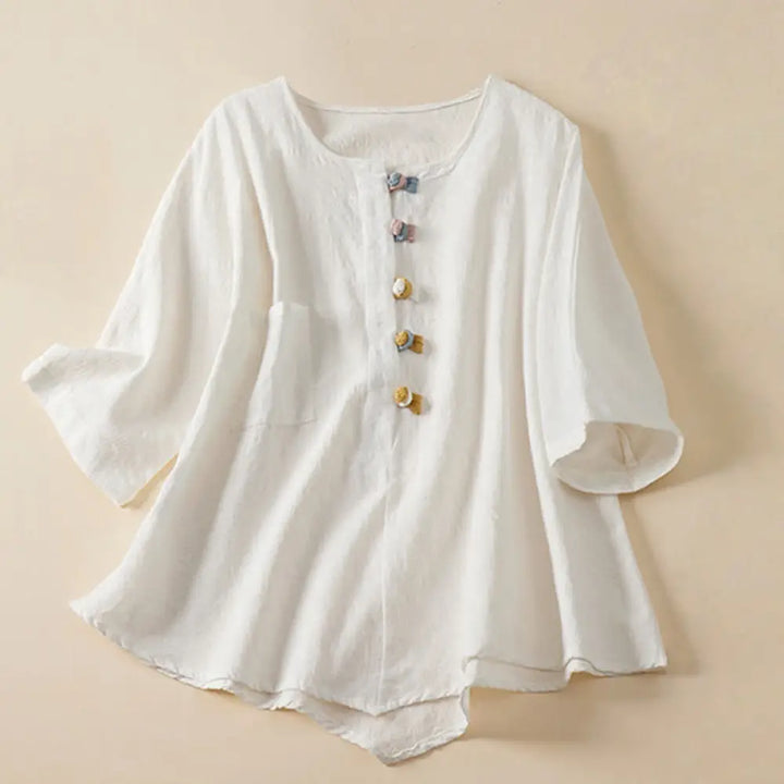 Buddha Stones Casual Flower Colorful Frog Button Half Sleeve Cotton Linen Women’s Shirt - White / US4，UK/AU8，EU36 (L)