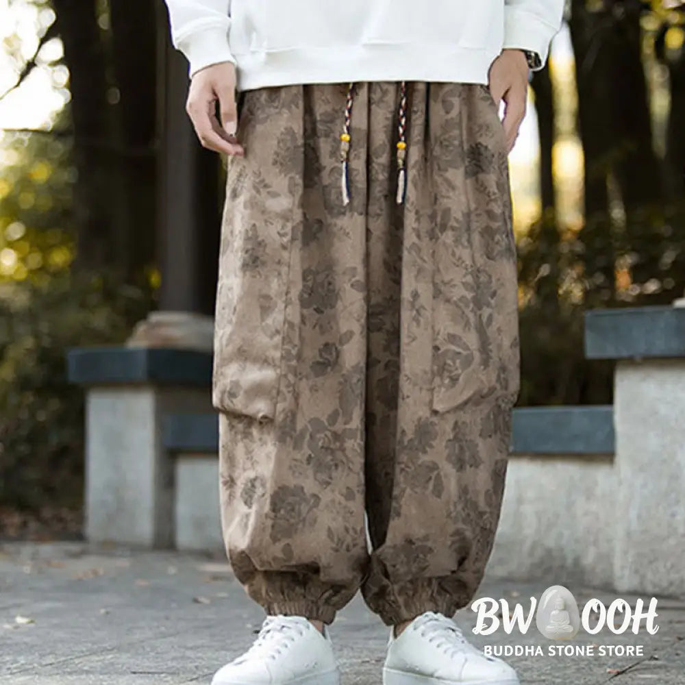 Buddha Stones Casual Flower Corduroy Cotton Men’s Pants With Big Pockets - Men’s Pants