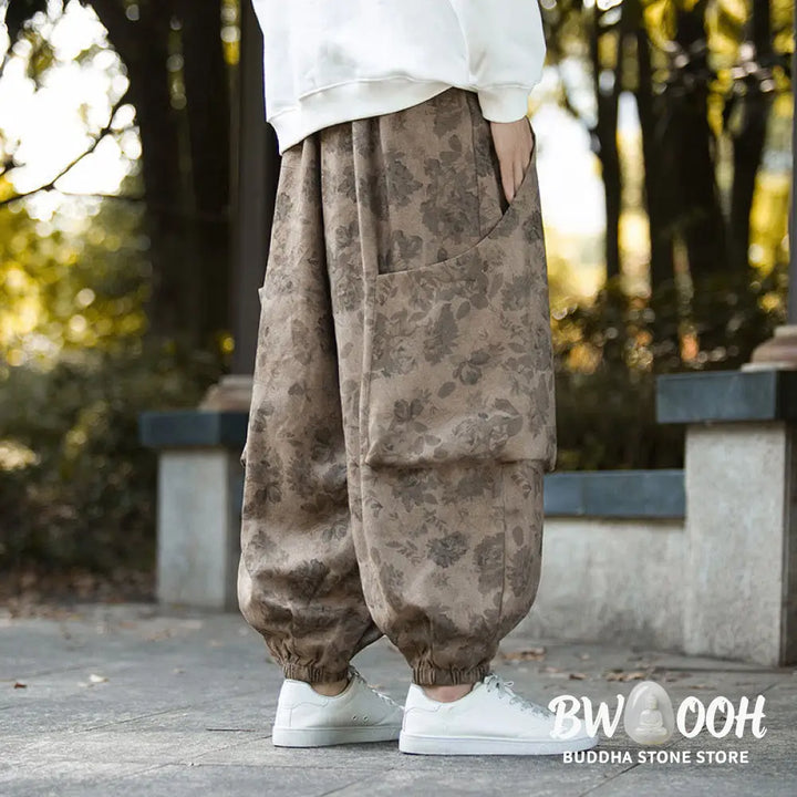 Buddha Stones Casual Flower Corduroy Cotton Men’s Pants With Big Pockets - Men’s Pants