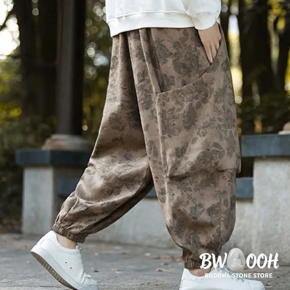 Buddha Stones Casual Flower Corduroy Cotton Men’s Pants With Big Pockets - Men’s Pants