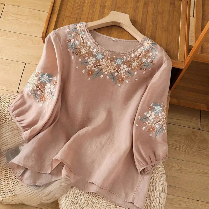 Buddha Stones Casual Flower Leaf Embroidery Women’s Crew Neck Design Three Quarter Sleeve Cotton Linen T-shirt