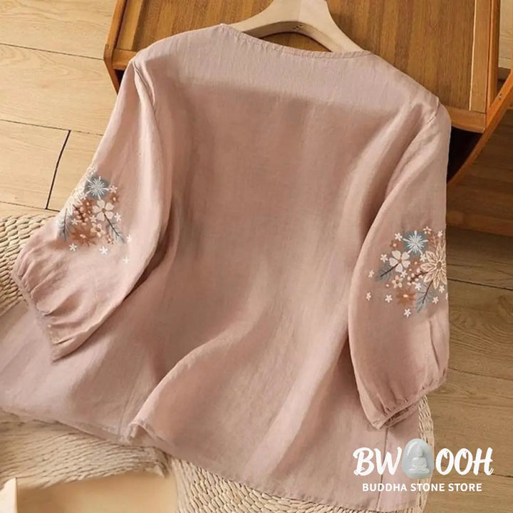 Buddha Stones Casual Flower Leaf Embroidery Women’s Crew Neck Design Three Quarter Sleeve Cotton Linen T-shirt