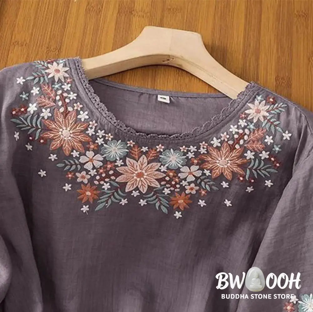 Buddha Stones Casual Flower Leaf Embroidery Women’s Crew Neck Design Three Quarter Sleeve Cotton Linen T-shirt