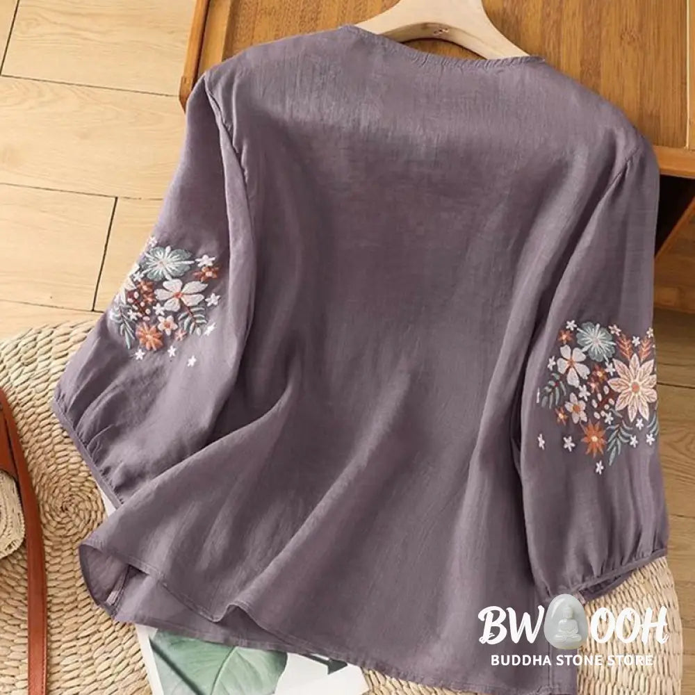 Buddha Stones Casual Flower Leaf Embroidery Women’s Crew Neck Design Three Quarter Sleeve Cotton Linen T-shirt