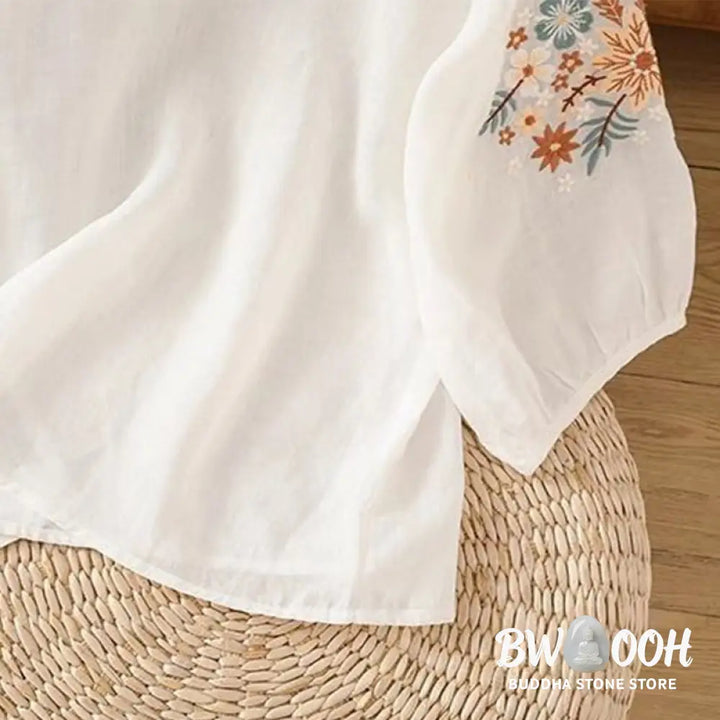 Buddha Stones Casual Flower Leaf Embroidery Women’s Crew Neck Design Three Quarter Sleeve Cotton Linen T-shirt