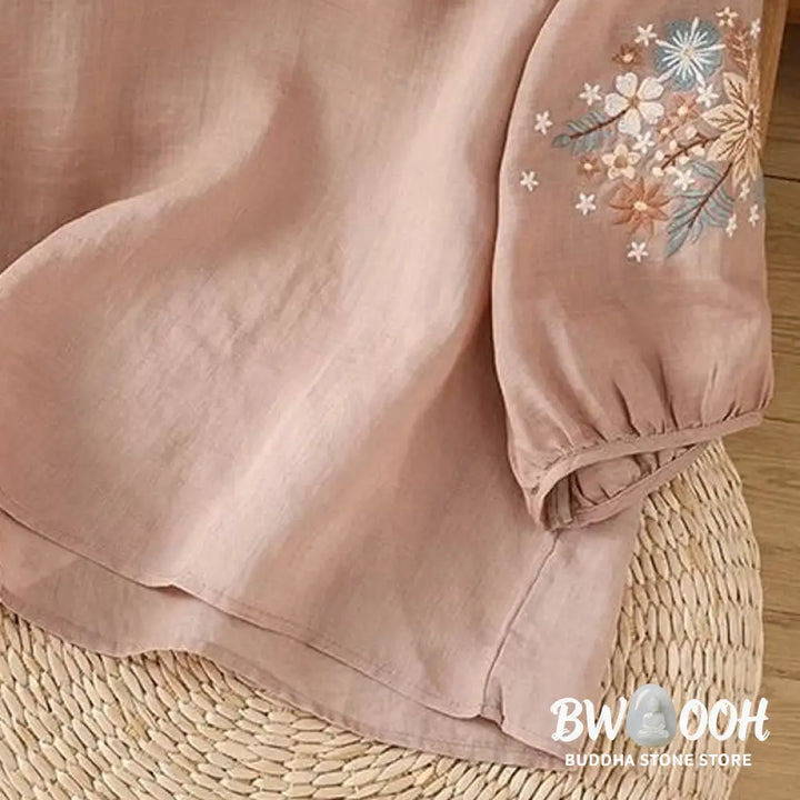 Buddha Stones Casual Flower Leaf Embroidery Women’s Crew Neck Design Three Quarter Sleeve Cotton Linen T-shirt