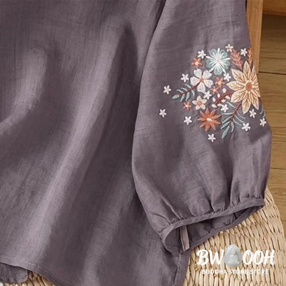 Buddha Stones Casual Flower Leaf Embroidery Women’s Crew Neck Design Three Quarter Sleeve Cotton Linen T-shirt
