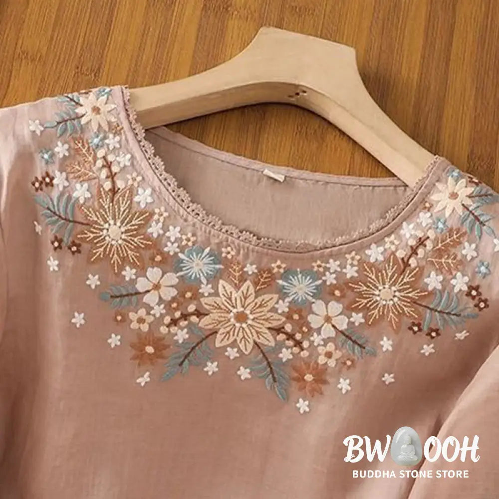 Buddha Stones Casual Flower Leaf Embroidery Women’s Crew Neck Design Three Quarter Sleeve Cotton Linen T-shirt