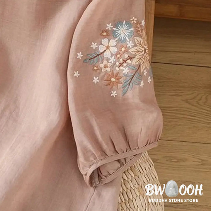 Buddha Stones Casual Flower Leaf Embroidery Women’s Crew Neck Design Three Quarter Sleeve Cotton Linen T-shirt