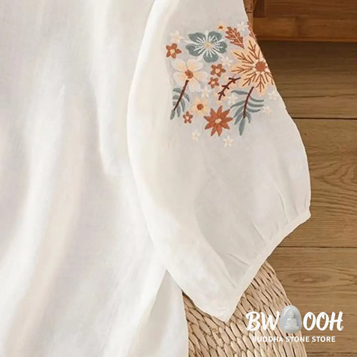 Buddha Stones Casual Flower Leaf Embroidery Women’s Crew Neck Design Three Quarter Sleeve Cotton Linen T-shirt