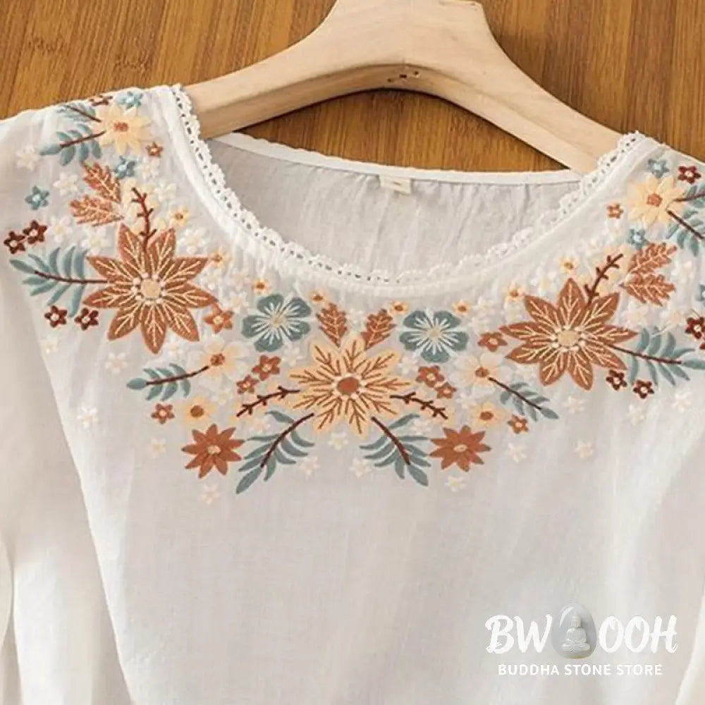 Buddha Stones Casual Flower Leaf Embroidery Women’s Crew Neck Design Three Quarter Sleeve Cotton Linen T-shirt