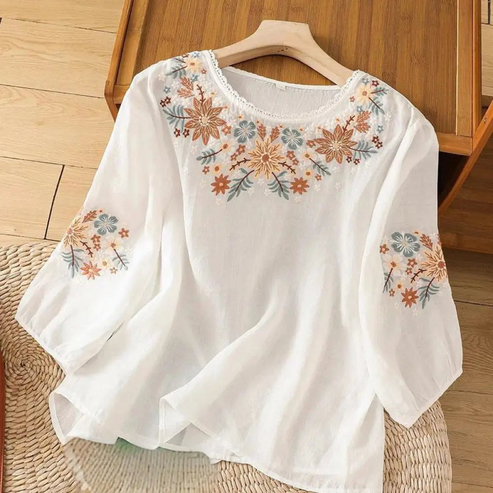 Buddha Stones Casual Flower Leaf Embroidery Women’s Crew Neck Design Three Quarter Sleeve Cotton Linen T-shirt - Snow