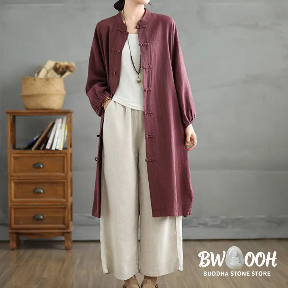 Buddha Stones Casual Frog-button Women’s Cotton Linen Coat With Pockets - Women’s Coat