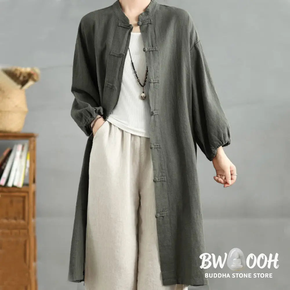 Buddha Stones Casual Frog-button Women’s Cotton Linen Coat With Pockets - Women’s Coat