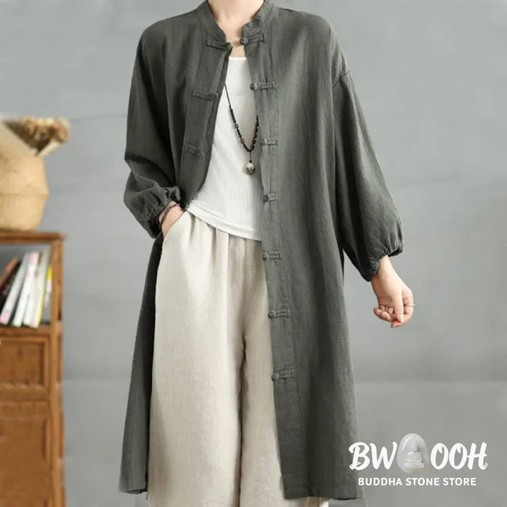 Buddha Stones Casual Frog-button Women’s Cotton Linen Coat With Pockets - Women’s Coat