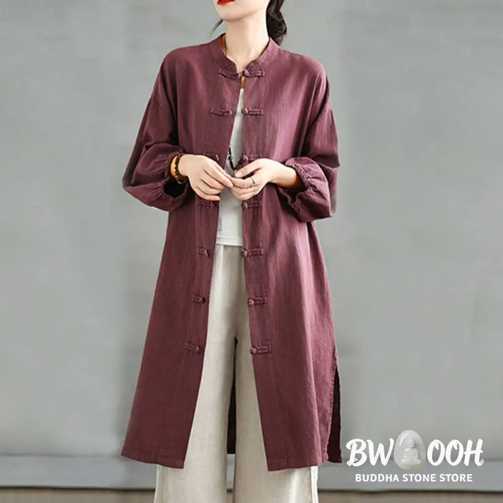 Buddha Stones Casual Frog-button Women’s Cotton Linen Coat With Pockets - Women’s Coat