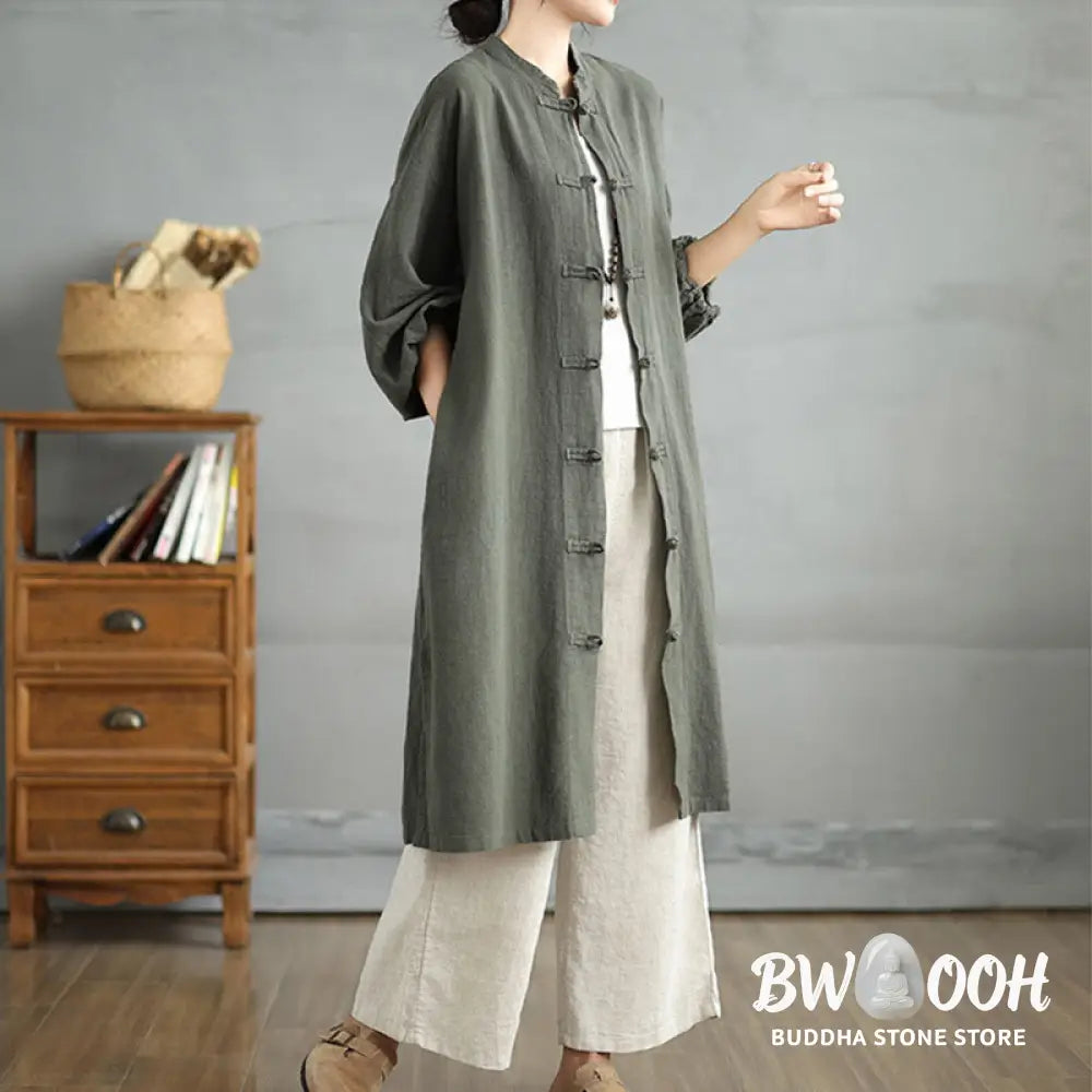 Buddha Stones Casual Frog-button Women’s Cotton Linen Coat With Pockets - Women’s Coat