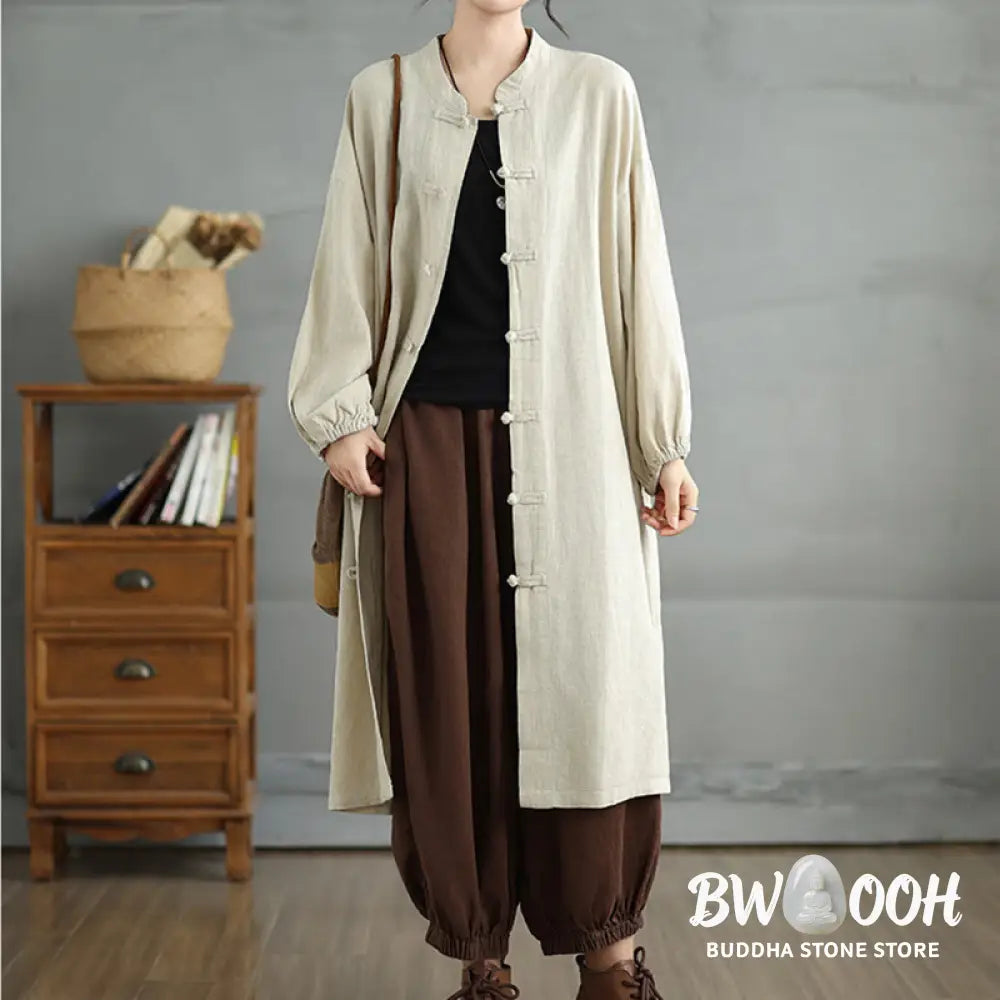 Buddha Stones Casual Frog-button Women’s Cotton Linen Coat With Pockets - Women’s Coat