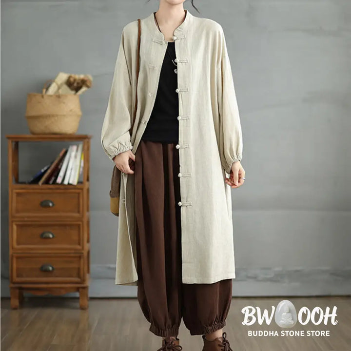 Buddha Stones Casual Frog-button Women’s Cotton Linen Coat With Pockets - Women’s Coat