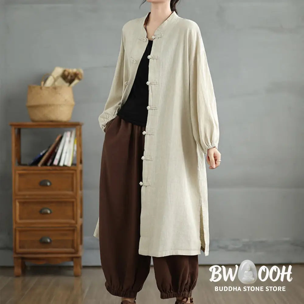 Buddha Stones Casual Frog-button Women’s Cotton Linen Coat With Pockets - Women’s Coat