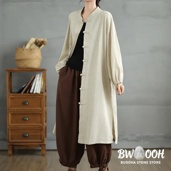 Buddha Stones Casual Frog-button Women’s Cotton Linen Coat With Pockets - Women’s Coat