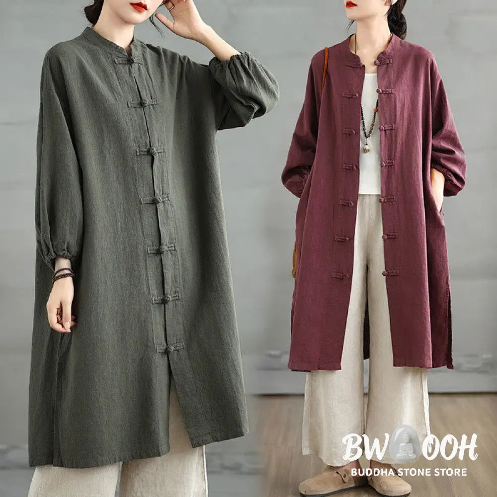 Buddha Stones Casual Frog-button Women’s Cotton Linen Coat With Pockets - Women’s Coat