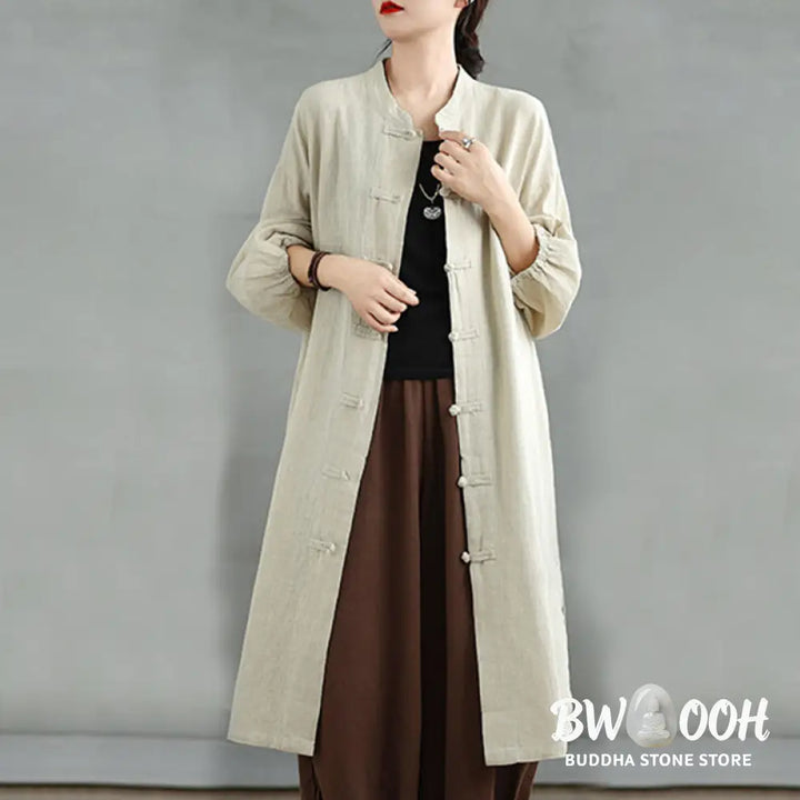 Buddha Stones Casual Frog-button Women’s Cotton Linen Coat With Pockets - Women’s Coat