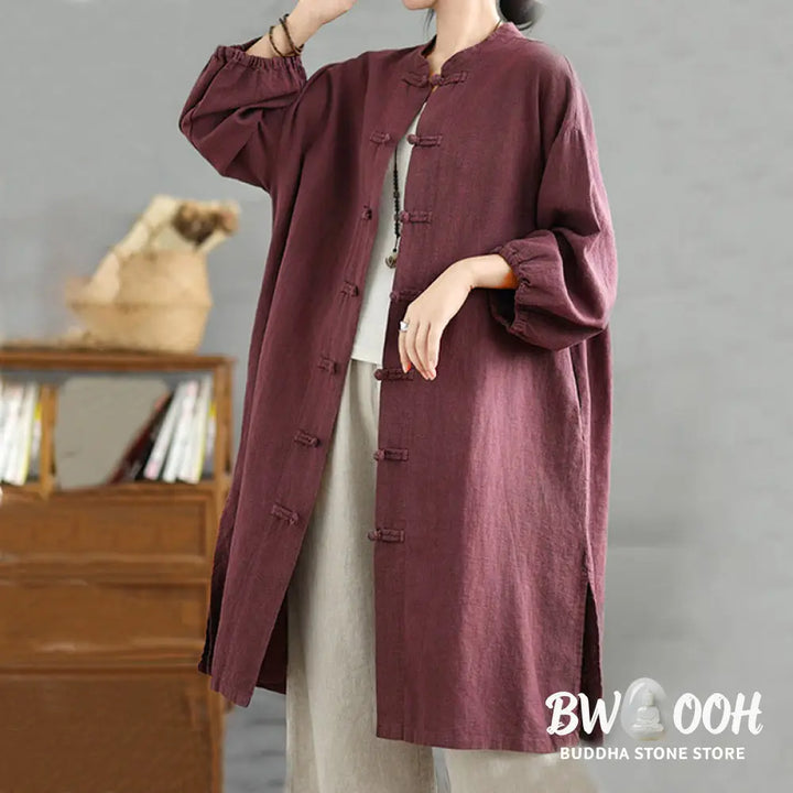 Buddha Stones Casual Frog-button Women’s Cotton Linen Coat With Pockets - Women’s Coat