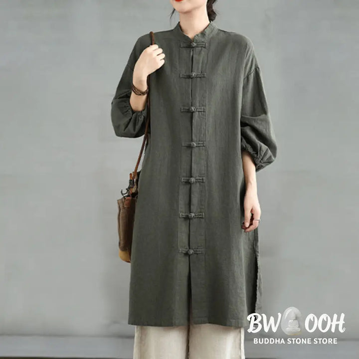 Buddha Stones Casual Frog-button Women’s Cotton Linen Coat With Pockets - Women’s Coat