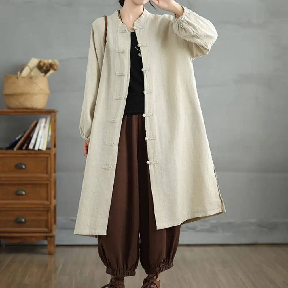 Buddha Stones Casual Frog-button Women’s Cotton Linen Coat With Pockets - Beige / US4，UK/AU8，EU36 (M) - Women’s Coat