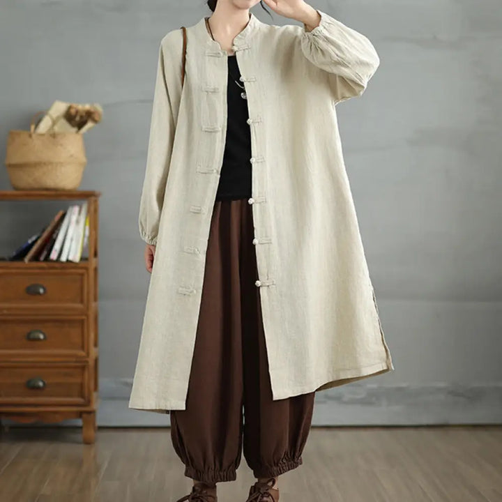Buddha Stones Casual Frog-button Women’s Cotton Linen Coat With Pockets - Beige / US4，UK/AU8，EU36 (M) - Women’s Coat