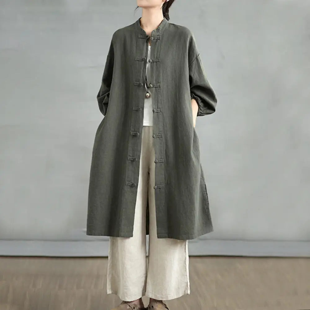 Buddha Stones Casual Frog-button Women’s Cotton Linen Coat With Pockets - DarkOliveGreen / US4，UK/AU8，EU36 (M)
