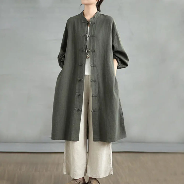 Buddha Stones Casual Frog-button Women’s Cotton Linen Coat With Pockets - DarkOliveGreen / US4，UK/AU8，EU36 (M)