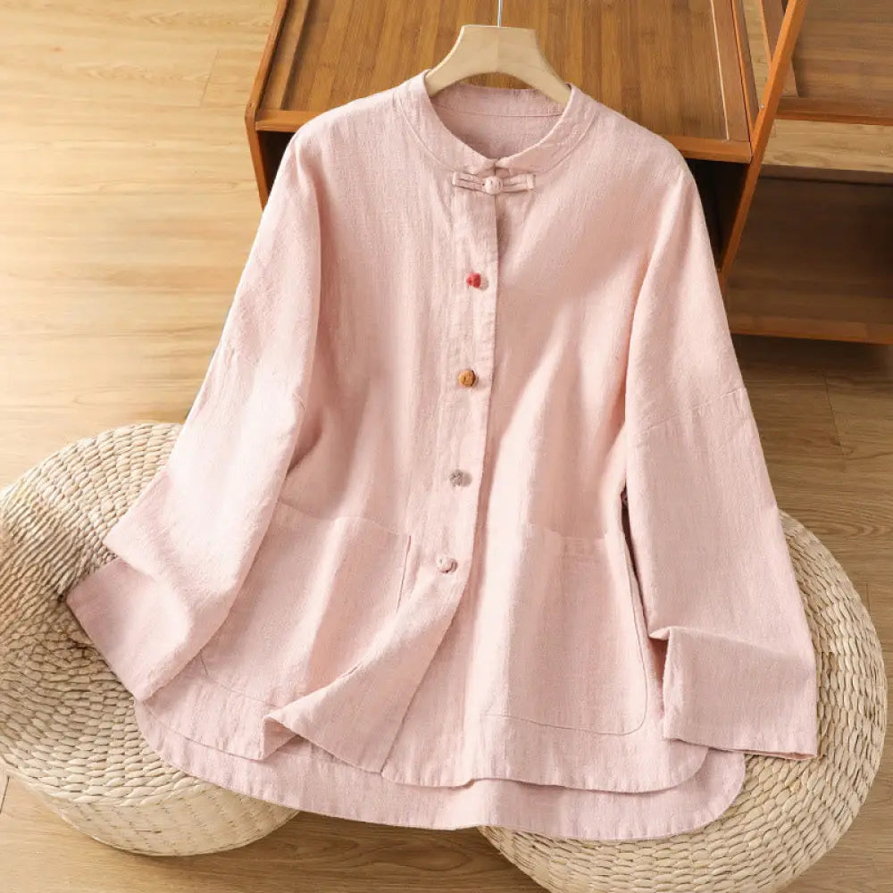 Buddha Stones Casual Frog-button Women’s Long Sleeve Cotton Polyester Shirt With Pockets - Pink / US6，UK/AU10，EU38 (M)