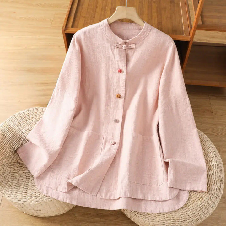 Buddha Stones Casual Frog-button Women’s Long Sleeve Cotton Polyester Shirt With Pockets - Pink / US6，UK/AU10，EU38 (M)