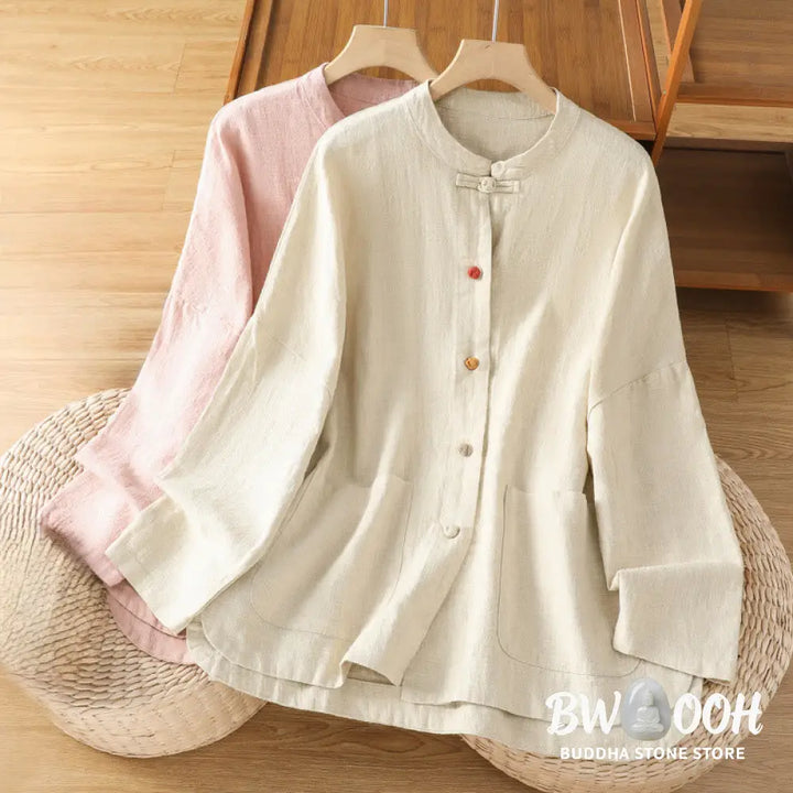 Buddha Stones Casual Frog-button Women’s Long Sleeve Cotton Polyester Shirt With Pockets - Women’s Shirts