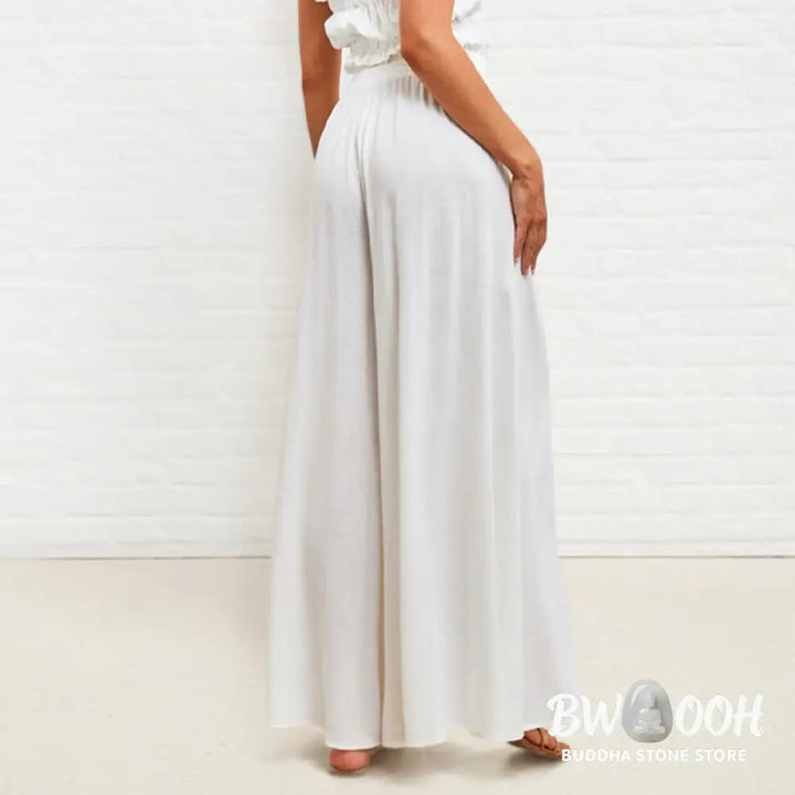 Buddha Stones Casual High Elastic Waist Plain Loose Women’s Polyester Wide Leg Pants With Pockets - Women’s Wide Leg