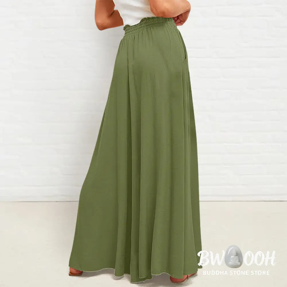 Buddha Stones Casual High Elastic Waist Plain Loose Women’s Polyester Wide Leg Pants With Pockets - Women’s Wide Leg