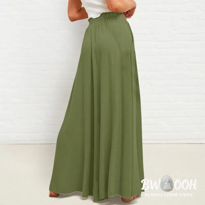 Buddha Stones Casual High Elastic Waist Plain Loose Women’s Polyester Wide Leg Pants With Pockets - Women’s Wide Leg
