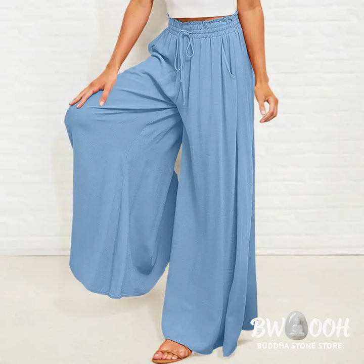 Buddha Stones Casual High Elastic Waist Plain Loose Women’s Polyester Wide Leg Pants With Pockets - Women’s Wide Leg